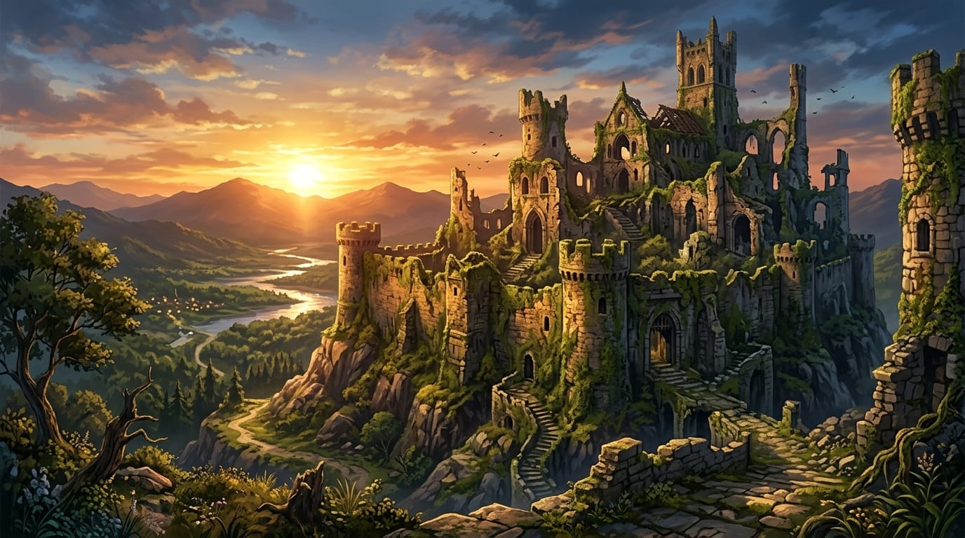 A fantasy castle in ruins, moss-covered stone walls, warm sunset lighting, highly detailed anime style illustration, rich painterly textures