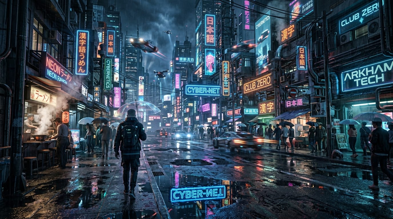 A highly detailed cinematic concept art of a futuristic cyberpunk city street after rain, neon lights reflecting on puddles, dramatic lighting, 8k resolution, photorealistic