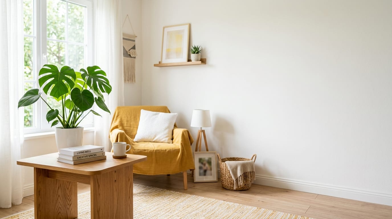 実用書の表紙向け背景素材、明るく清潔感のあるリビングルームの一部、観葉植物と木製のテーブル、自然光、全体的にイエローとホワイトを基調とした明るいトーン、右側にテキスト用の余白、写真のようなリアルさ