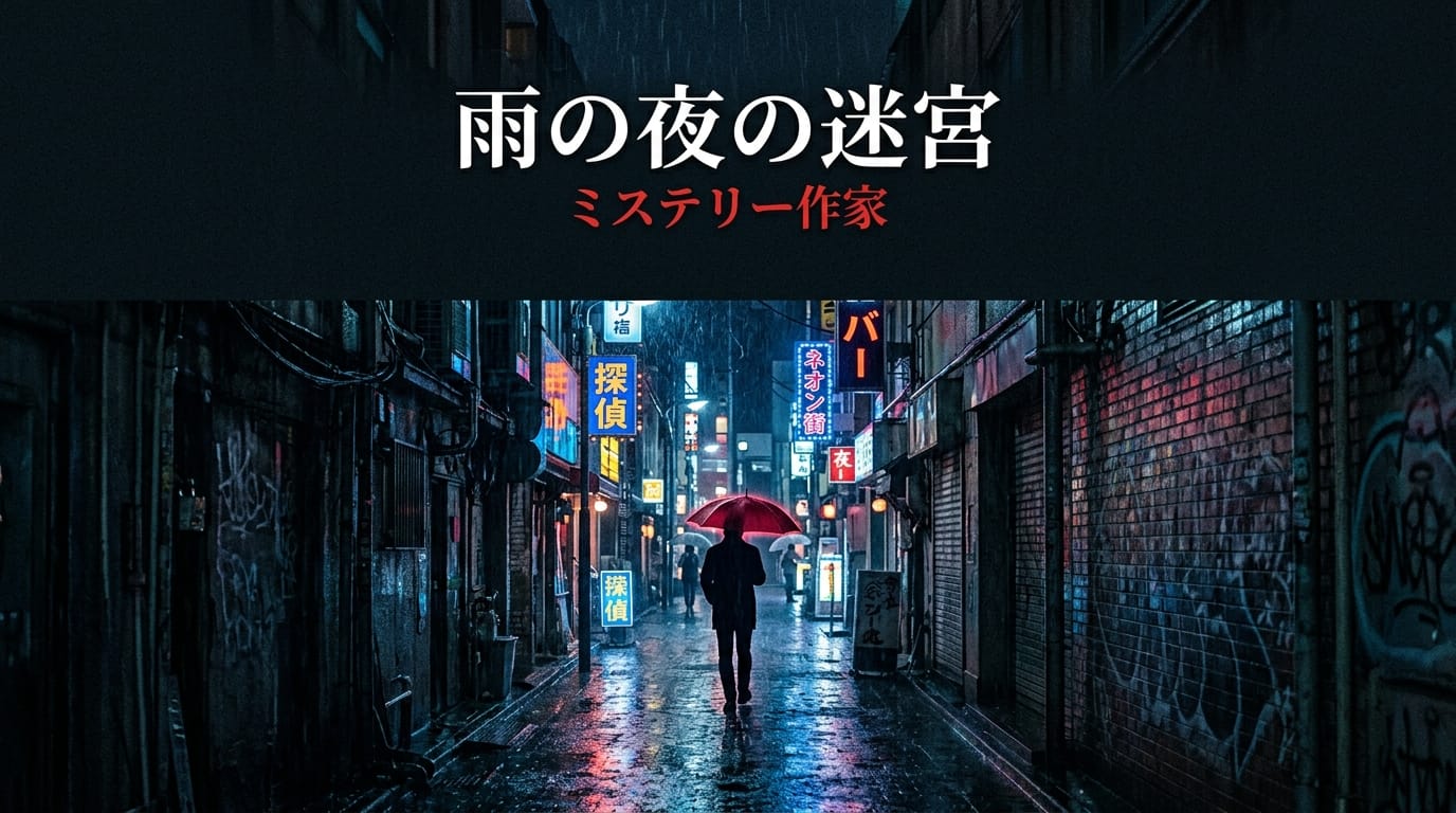 現代の都市を背景にしたミステリー小説の表紙コンセプト、雨の降る路地裏、赤い傘を差した人物のシルエット、ネオンの反射、シネマティックな照明、上部に大きな暗い余白、ノワール調の雰囲気