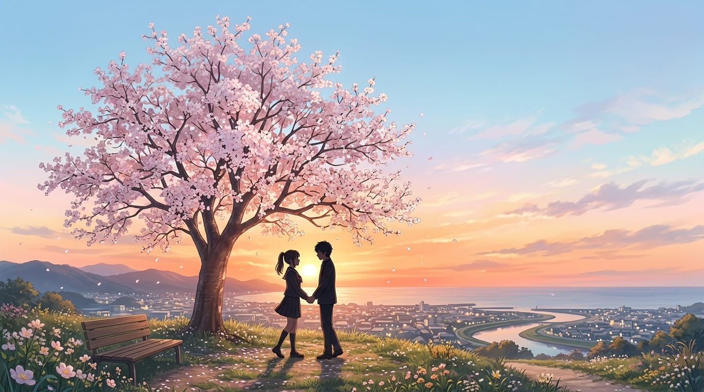 恋愛小説の表紙向けイラスト、桜の木の下に立つ二人の学生のシルエット、夕暮れ時の暖かく柔らかな光、繊細で緻密なアニメ調表現、パステル調の色彩、上部にタイトル用の広い青空の余白