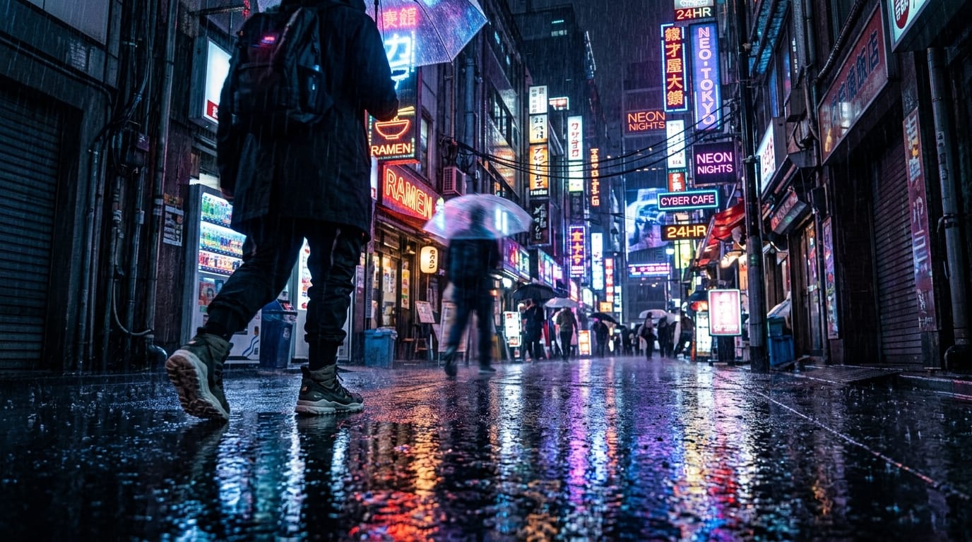 サイバーパンク風のネオン街、雨に濡れた路面を歩く人物の足元からカメラが徐々に上にティルトする、背景の小道具が光を反射している、映画のような照明