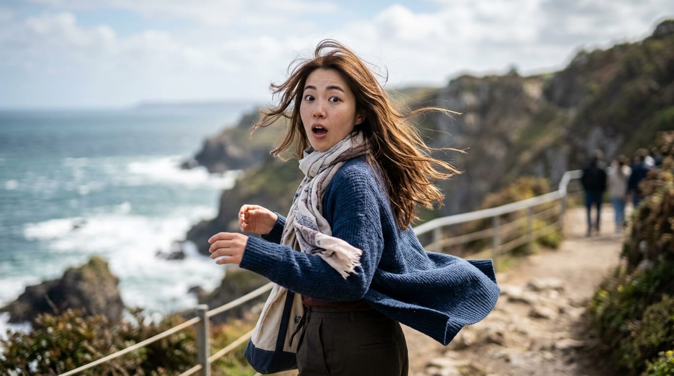 キャラクターが驚いた表情でカメラの方へ振り向く、風で髪と衣服が自然に揺れる、滑らかな動き、被写界深度（ボケ量）が浅い