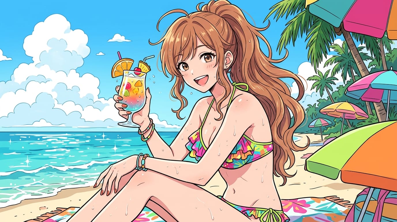 1人の可愛らしいアニメ調の女性キャラクター、トロピカルなビーチ、カラフルなフリル付きのビキニ、冷たいドリンクを手に持っている、クリアな夏の光、肌の繊細な質感と水滴、SNS広告向けのポップで鮮やかな色彩、シャープな線画