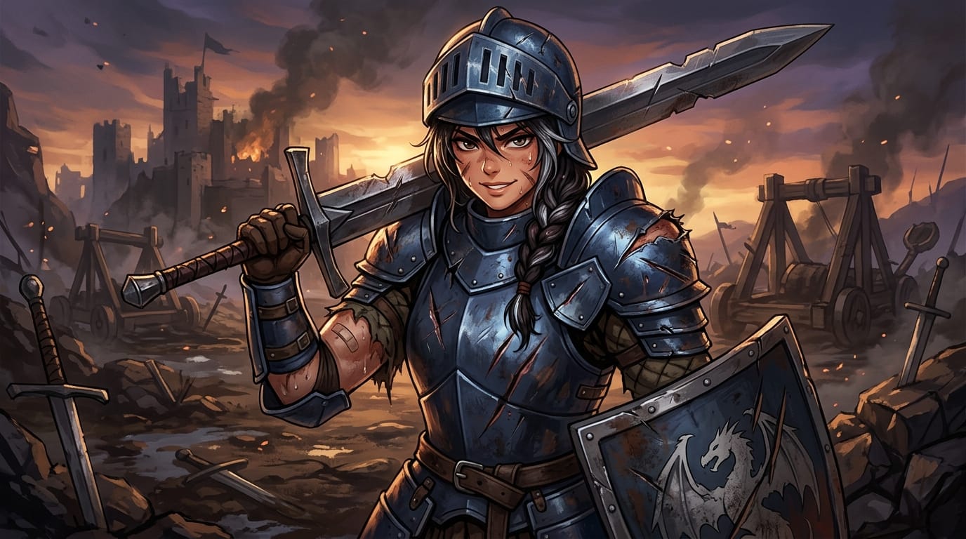 1人の魅力的なアニメ調の女性キャラクター、ファンタジー風の精巧な騎士の衣装、一部が破れた戦闘後の表現、汗ばんだ肌、自信に満ちた挑発的な笑顔、夕暮れの戦場を背景にしたドラマチックな光と影、重厚な塗り、高品質なコンセプトアート