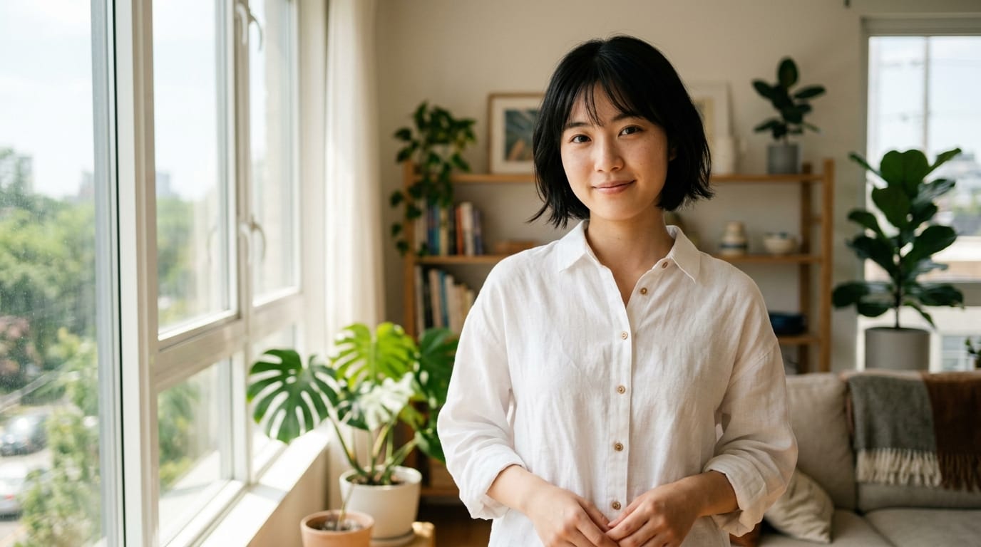 A highly detailed portrait of a 20-year-old Japanese woman, short black hair, wearing a white linen shirt, standing in a bright living room, soft natural sunlight streaming through a large window, gentle morning light, realistic skin texture, subtle skin pores, soft shadows, 50mm lens, f/1.8, cinematic photography, photorealistic