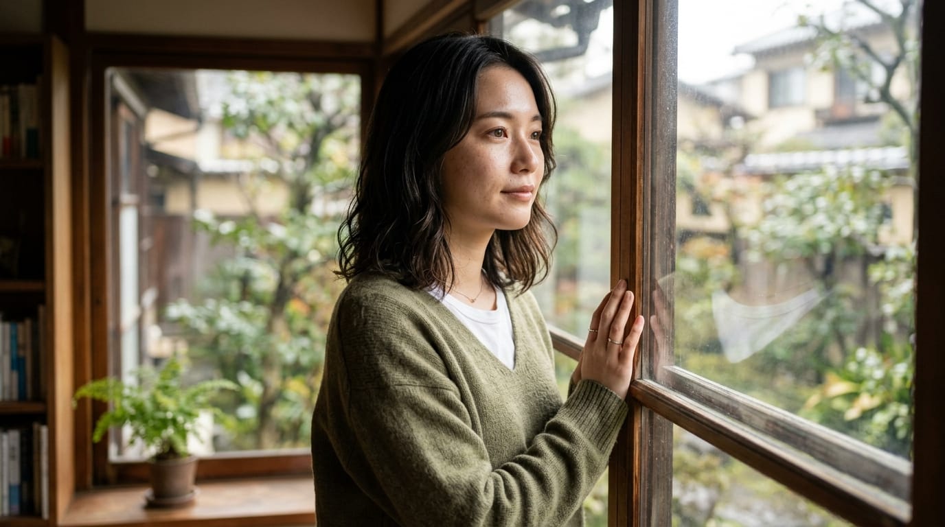 A highly realistic portrait of a young Japanese woman standing by a window, soft morning natural sunlight illuminating her face, detailed skin texture, delicate shadows, casual everyday clothes, 85mm lens, depth of field, cinematic photography
