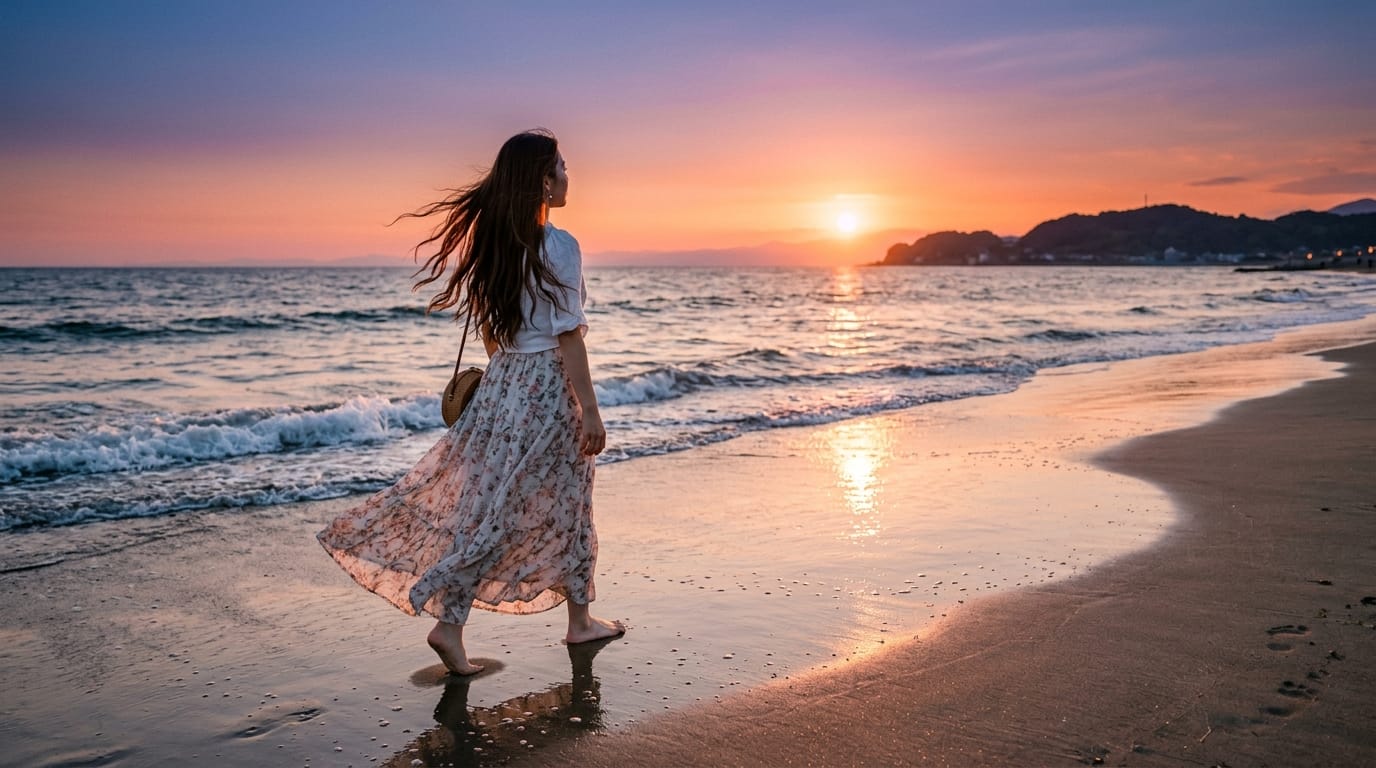 夕暮れの海辺を歩く女性のフルボディショット。風になびく長い髪と軽やかなロングスカート。マジックアワーの美しいグラデーションの空、波打ち際に反射する光、シネマティックなライティング、プロフェッショナルなファッション写真。