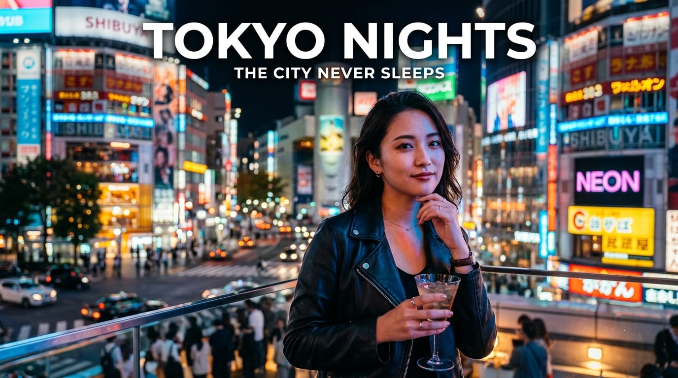 都会の夜景を背景にした女性のポートレート。ネオンライトのカラフルな反射。画像の上部に「TOKYO NIGHTS」という洗練された白いタイポグラフィが配置されている。雑誌の表紙デザイン、高画質、クリアな描写。