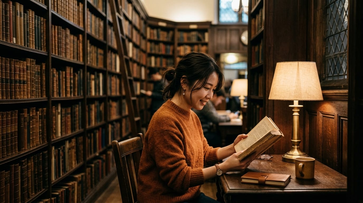 アンティークな図書館で本を読む女性。暖かみのあるランプの光、本棚に囲まれた静かな空間、知的な雰囲気、柔らかい表情、被写界深度を浅くして背景の小道具をぼかす、実写的なリアルさ。