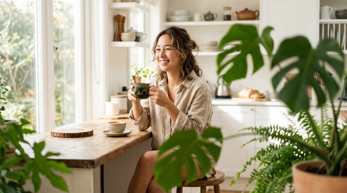 休日の朝、明るいキッチンでコーヒーを飲む女性。リラックスした自然な笑顔、朝陽が差し込む爽やかな空間、手前の観葉植物を使った前ボケ、カジュアルな日常の風景、高品質なライフスタイル写真。