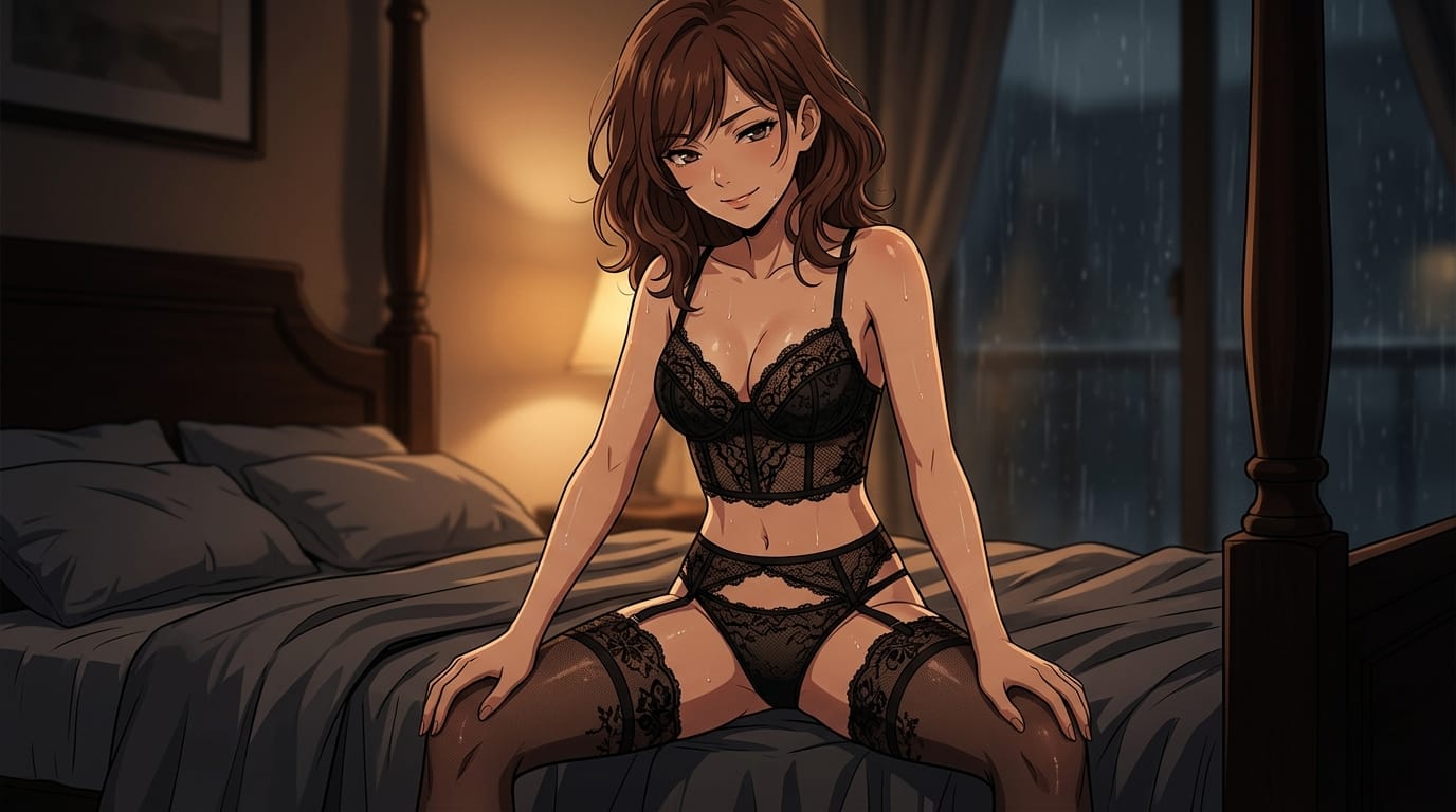 アニメ調、1人の美少女、精巧な黒のレースのランジェリー、ガーターベルト、透け感のある黒いストッキング、濡れた肌、汗のハイライト、挑発的な微笑み、少し見下ろす視線、薄暗い寝室の背景、シネマティックライティング、高品質、傑作、シャープな線画、鮮やかな色彩