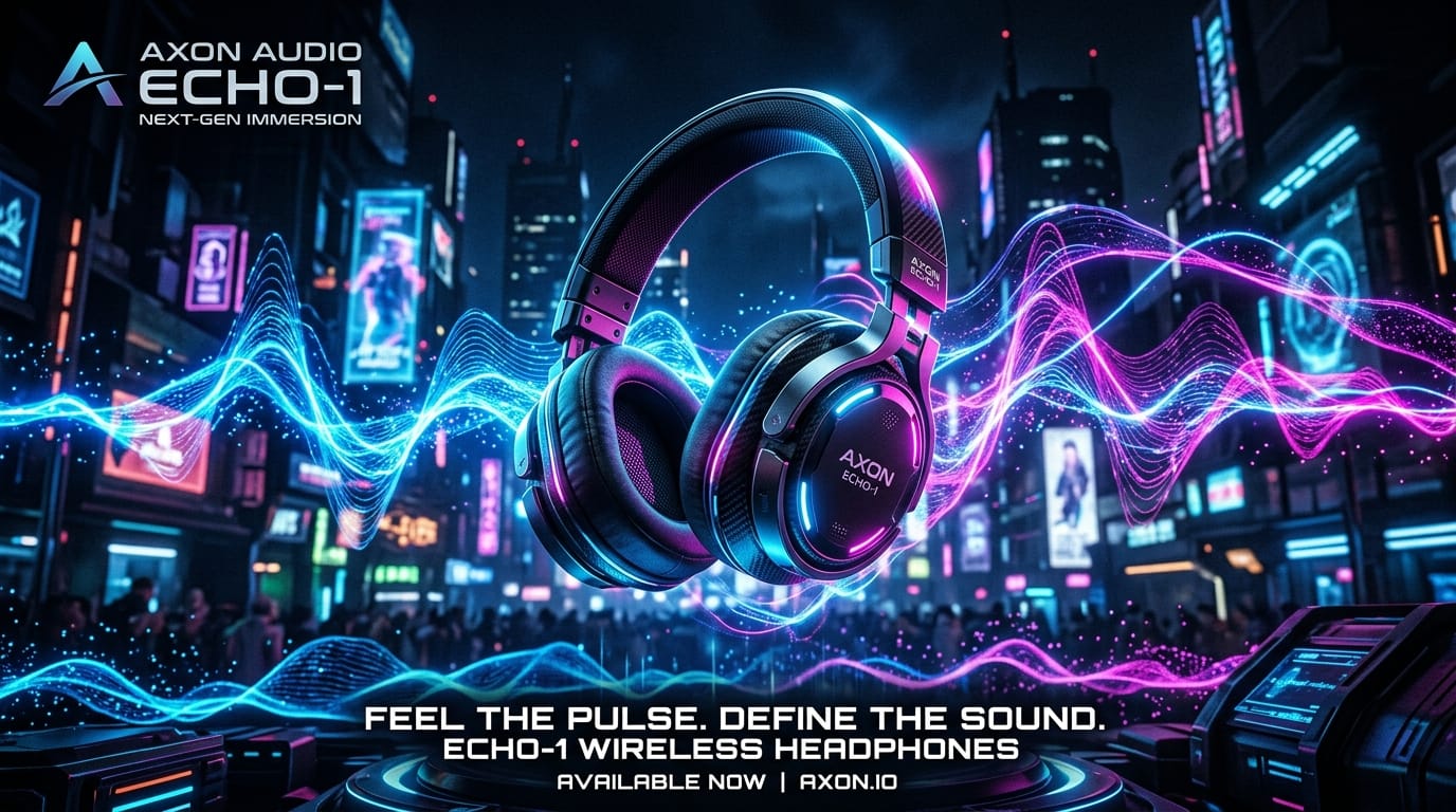 空中に浮かぶ未来的なヘッドホンの広告ビジュアル、周囲を波打つような音波の視覚化エフェクト、サイバーパンクの美学、鮮やかなブルーとマゼンタの照明、高いコントラスト、商用オーディオ機器のポスター、4K