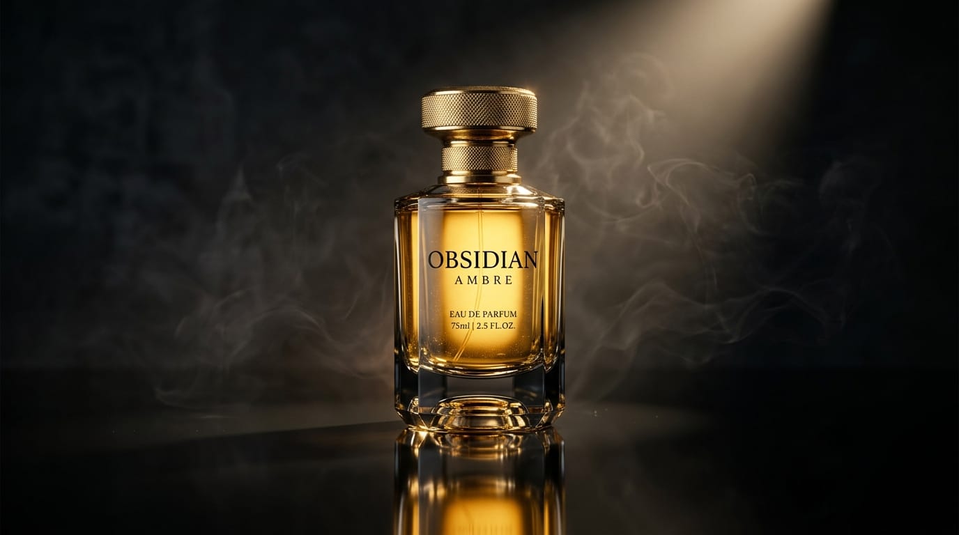 反射する黒い黒曜石の表面に置かれた豪華な香水のボトル、中の黄金色の液体を照らすドラマチックなスポットライト、かすかな煙のエフェクトがあるエレガントで暗い背景、モダンなセリフ体のタイポグラフィレイアウト、商用プロダクト撮影、実写的なリアルさ