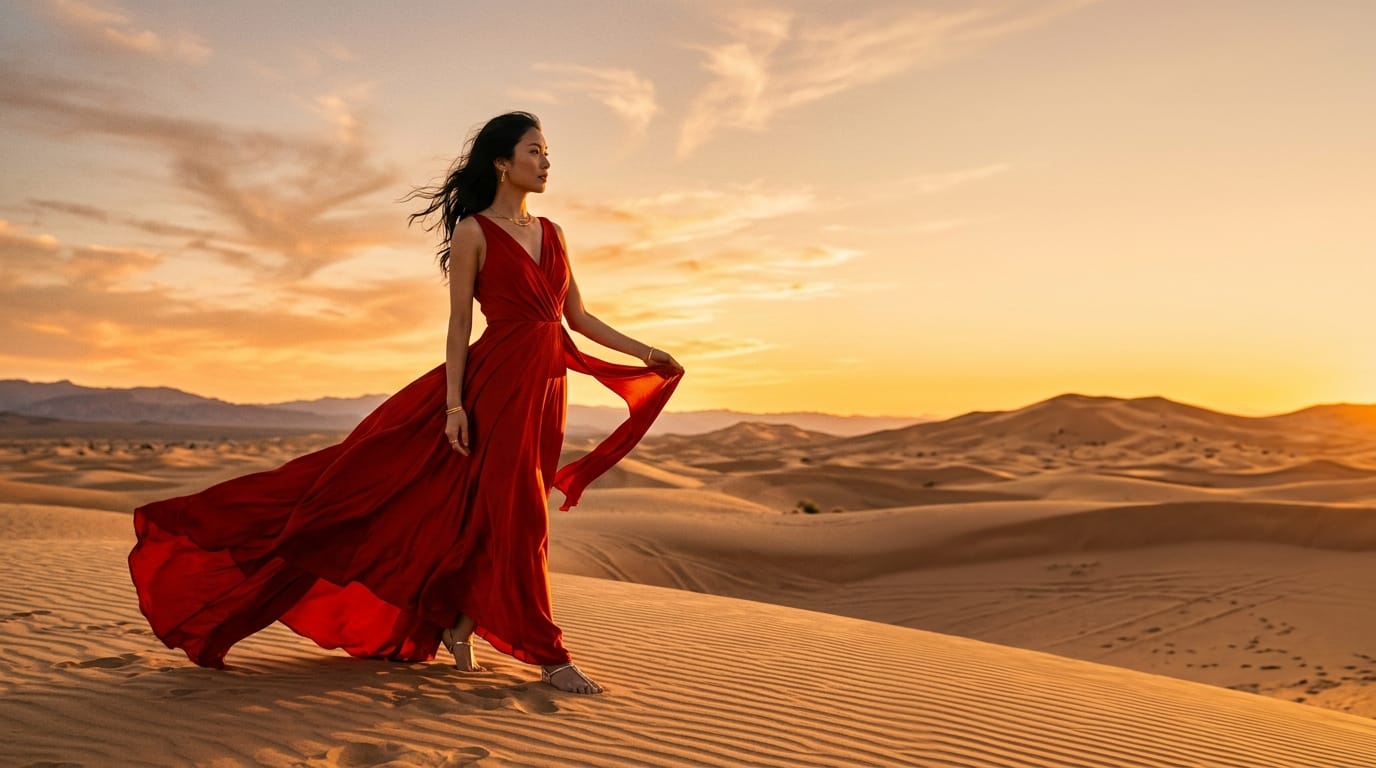 夕暮れの広大な砂漠で赤いシルクのドレスを着て立つエレガントな女性モデルのファッションポスター、風になびく生地、シネマティックなゴールデンアワーの光、右側にクリーンなタイポグラフィのスペース、洗練されたスタイル、高解像度