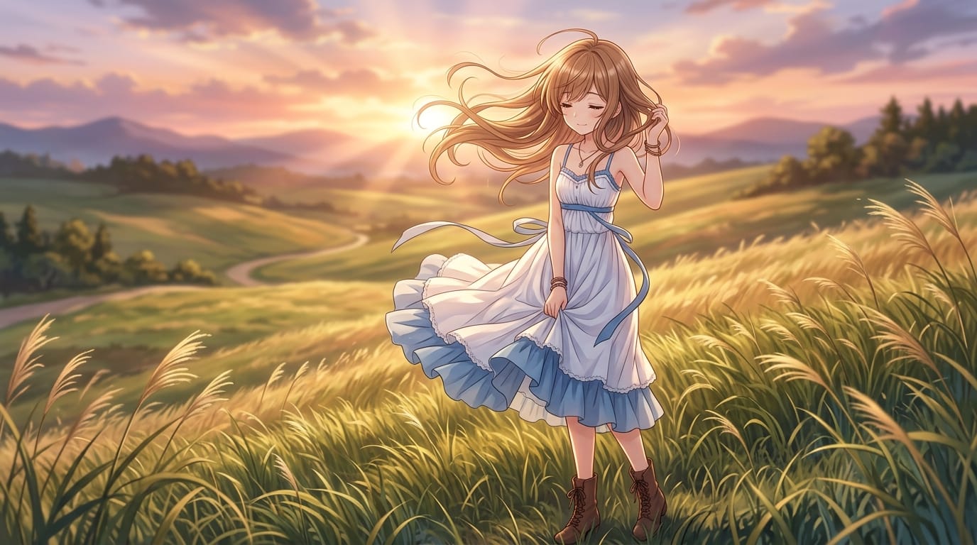 繊細で緻密なアニメ調表現の少女が風の吹く草原に立っている。髪とスカートが風で自然に揺れ、夕日の光が優しく差し込む。カメラはゆっくりとズームインする。