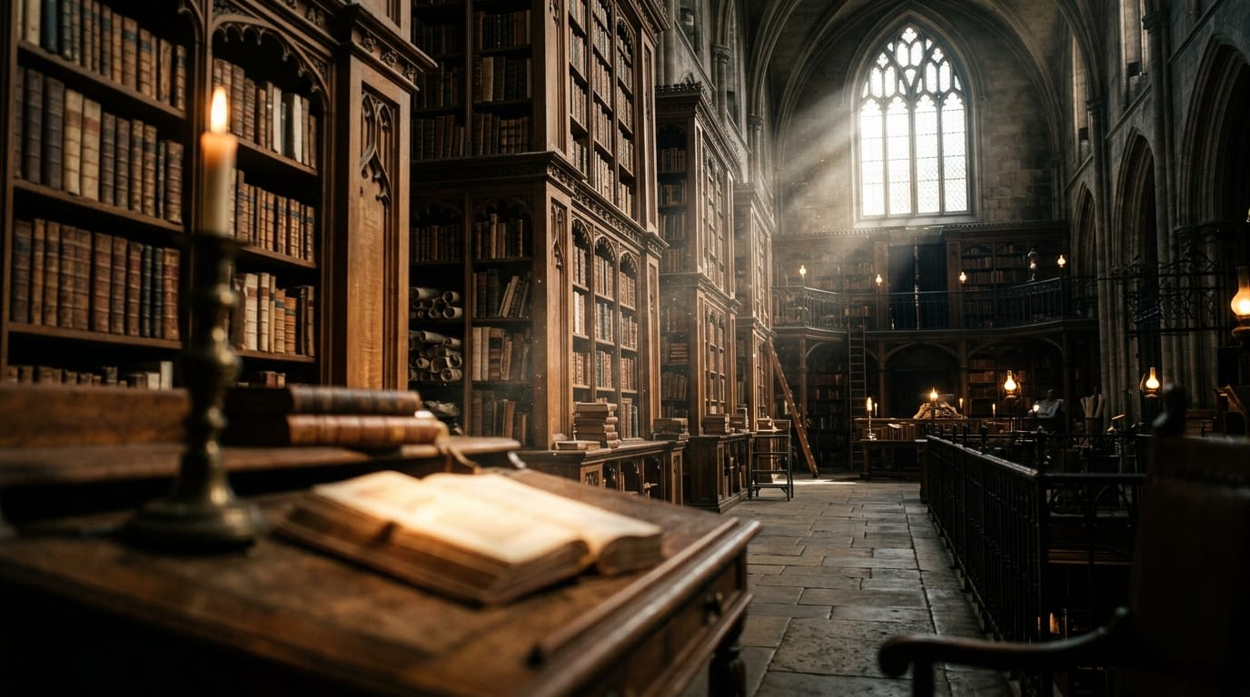 ファンタジー世界の古い図書館。埃が光に反射して舞い、手前のオブジェクトを使った前ボケから奥の巨大な本棚へとピントが移動する。被写界深度（ボケ量）が深く、映画のような重厚な雰囲気。