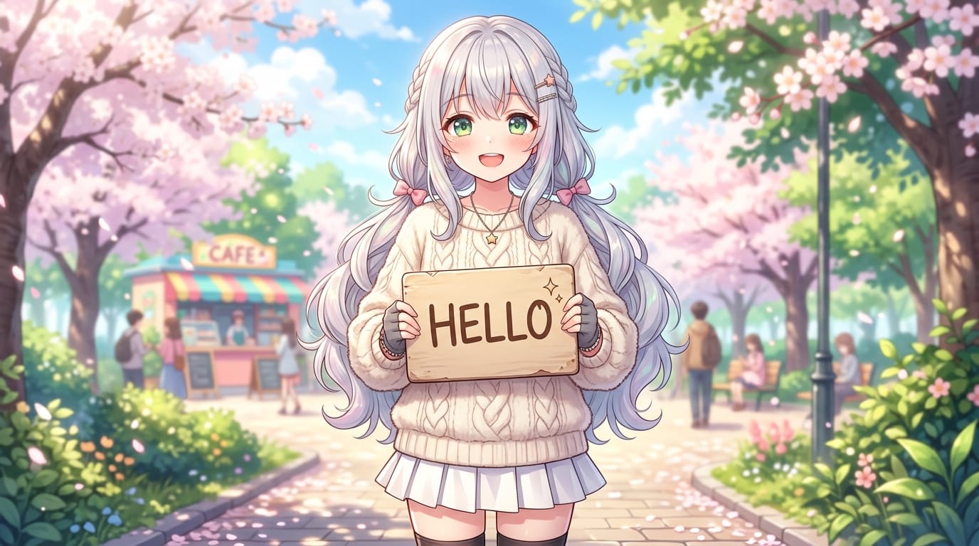 An anime moe style illustration of a cute girl holding a blank sign. The sign has the text 'HELLO' written clearly on it. She has silver hair, green eyes, and is wearing a cozy oversized sweater. Bright and cheerful atmosphere, pastel colors.