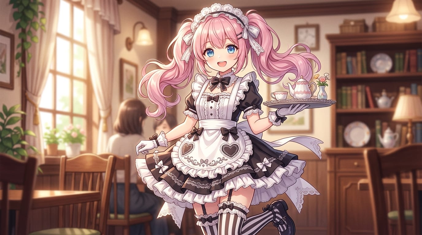 A high-quality anime moe style illustration of a cute girl with pastel pink twintails and large expressive blue eyes, wearing a detailed frilly maid outfit. Soft cinematic lighting, highly detailed, 4k resolution.