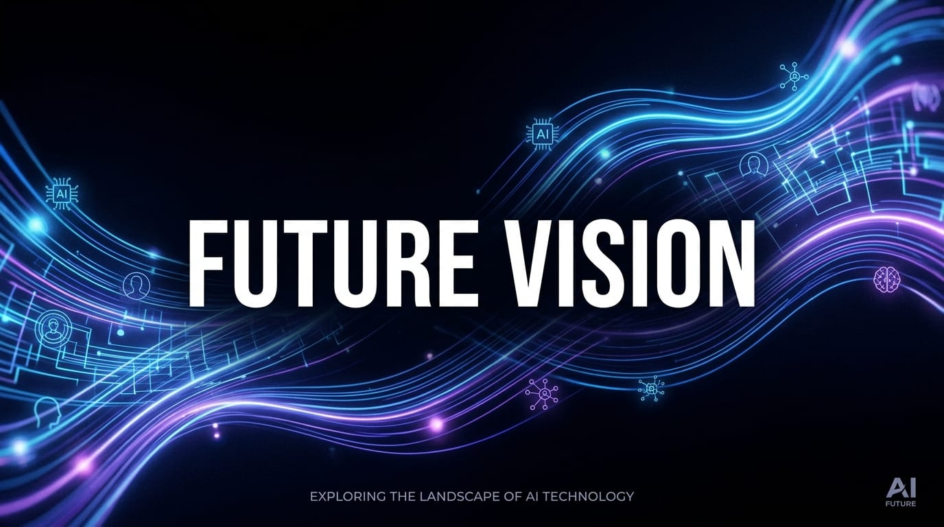 AIテクノロジーの未来をテーマにしたプレゼン資料の表紙スライド。「FUTURE VISION」という大きく鮮明な太字のタイトルが中央に配置されている。背景は深みのある黒で、青と紫のネオンカラーの抽象的なデータストリームが流れるようなデザイン。映画のような光影の質感があり、非常に洗練されたレイアウト。