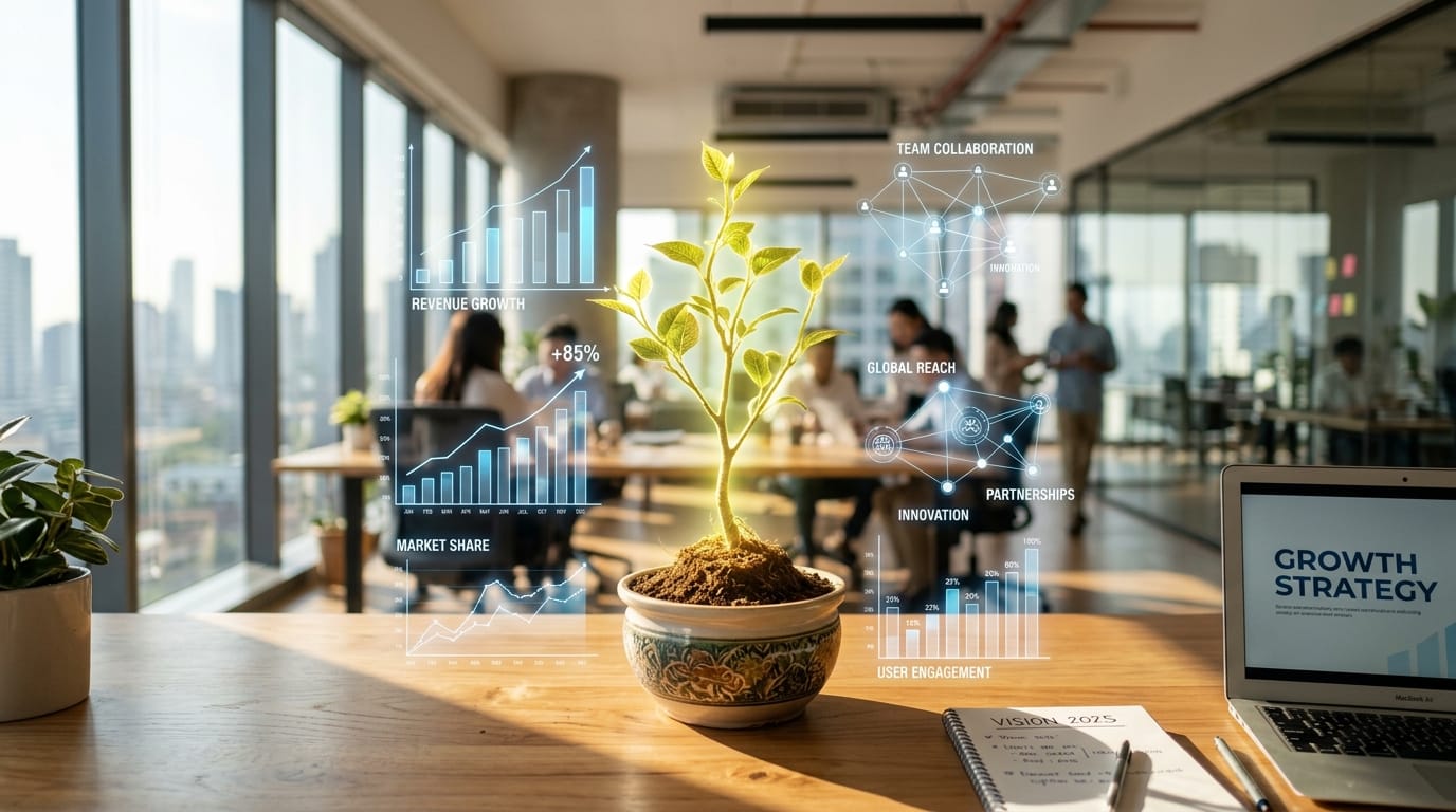 ビジネスの成長とチームワークを象徴するコンセプトアート。光の差し込むモダンなオフィスの机の上に、小さな光る木が育っている。その周囲には、データを示す半透明のホログラムグラフが浮かんでいる。被写界深度が浅く、木とホログラムにピントが合っており、背景は美しくボケている。希望と革新を感じさせる明るいトーン。