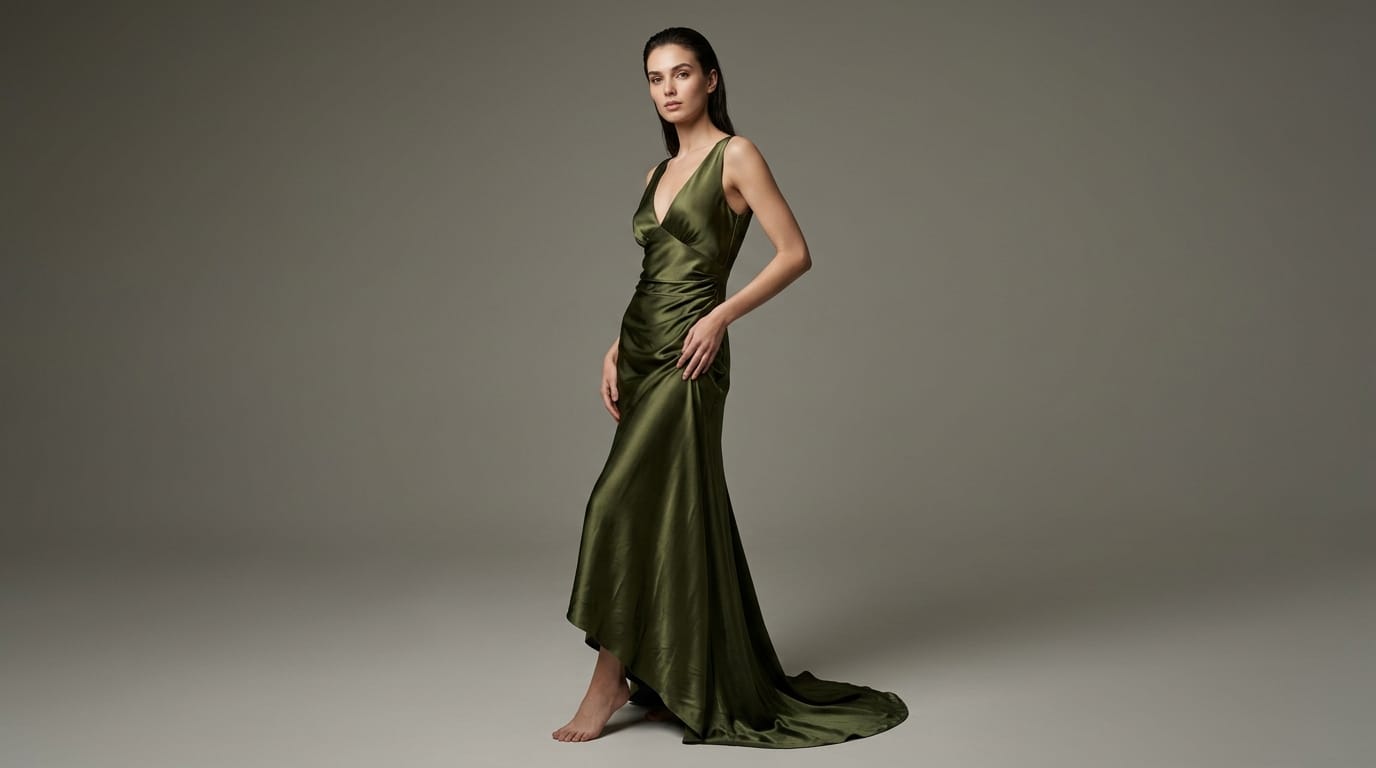 スタジオ撮影のファッションポートレート。長身の若い女性モデルが、光沢のあるオリーブグリーンのシルクのイブニングドレスを着用している。ドレスの滑らかなドレープとシワのディテールが克明に描かれている。無地のグレーの背景、プロフェッショナルなソフトボックスライティング、ハイファッション誌の表紙スタイル、超高解像度、8k。