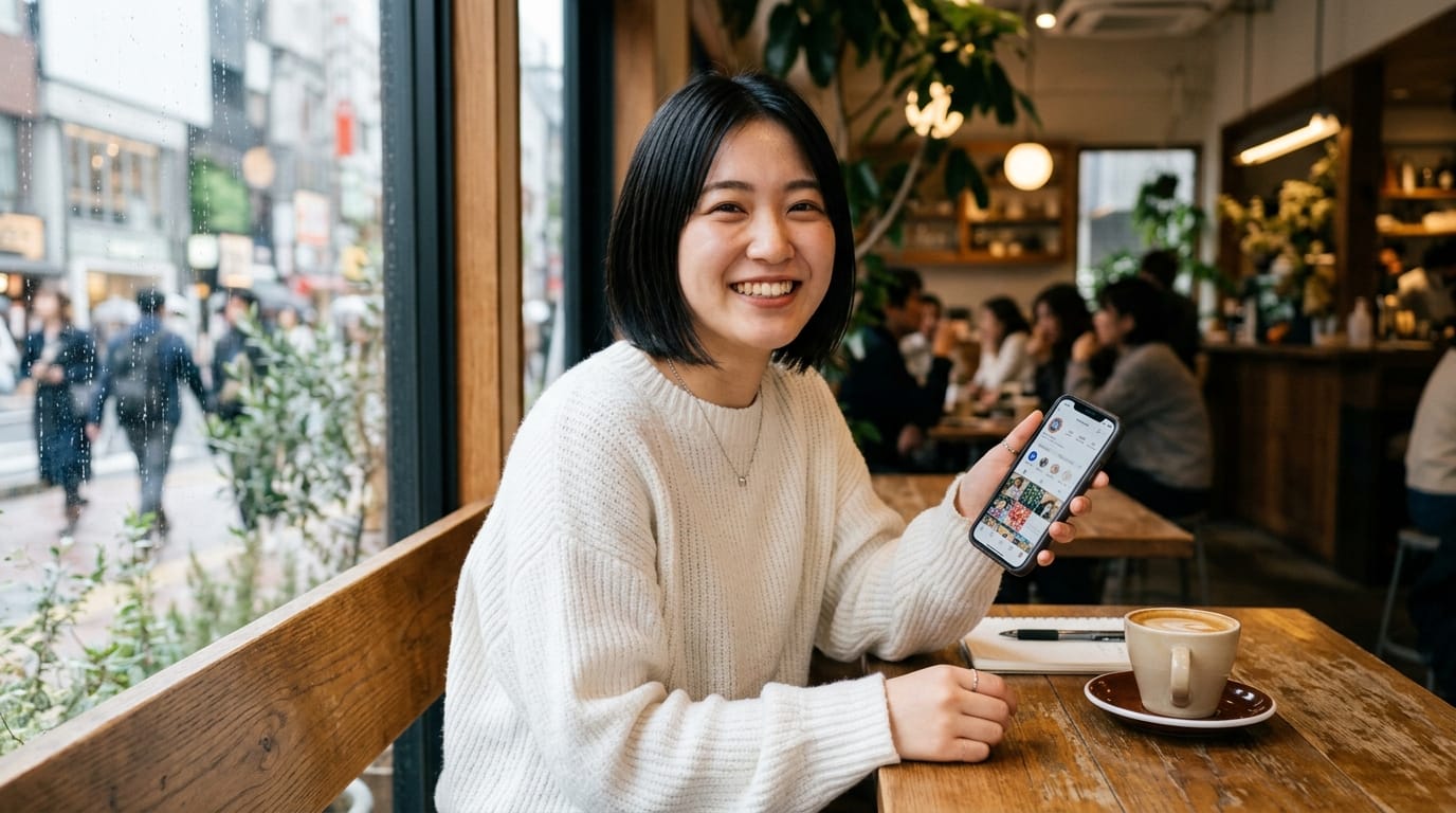 A 20-year-old Japanese woman with natural black bob hair, wearing a white oversized knit sweater. Sitting at a window seat in a cafe, smiling with a smartphone in one hand. Soft natural light from the window, shallow depth of field, snapshot style as if taken with an iPhone, 85mm lens, realistic skin texture, fine pores, natural makeup.