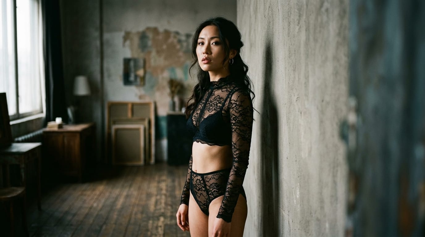 全身ショット、美しいプロポーションの25歳のアジア人女性モデル。黒の繊細なレースのランジェリーを着用。薄暗いスタジオ、ドラマチックなサイドライティング、肌に落ちるシャドウ。ライカM10で撮影、35mmレンズ、Kodak Portra 400のフィルムの質感、少しのグレインノイズ、アンニュイな表情、生気のある鋭い視線。
