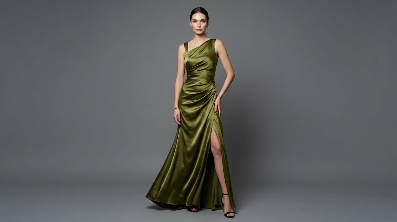 Studio fashion portrait. A tall young female model wearing a glossy olive green silk evening dress. The smooth drapes and wrinkle details of the dress are depicted clearly. Solid gray background, professional softbox lighting, high-fashion magazine cover style, ultra-high resolution, 8k.
