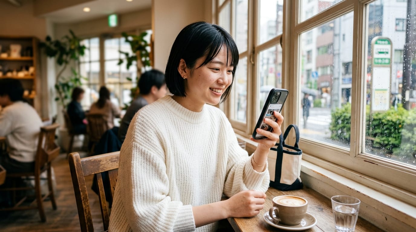 20代の日本人女性、自然な黒髪のボブヘア、白いオーバーサイズのニットを着用。カフェの窓際の席に座り、スマートフォンを片手に微笑んでいる。窓からの柔らかい自然光、被写界深度が浅い、iPhoneで撮影されたようなスナップショット、85mmレンズ、リアルな肌の質感、微細な毛穴、自然なメイク。