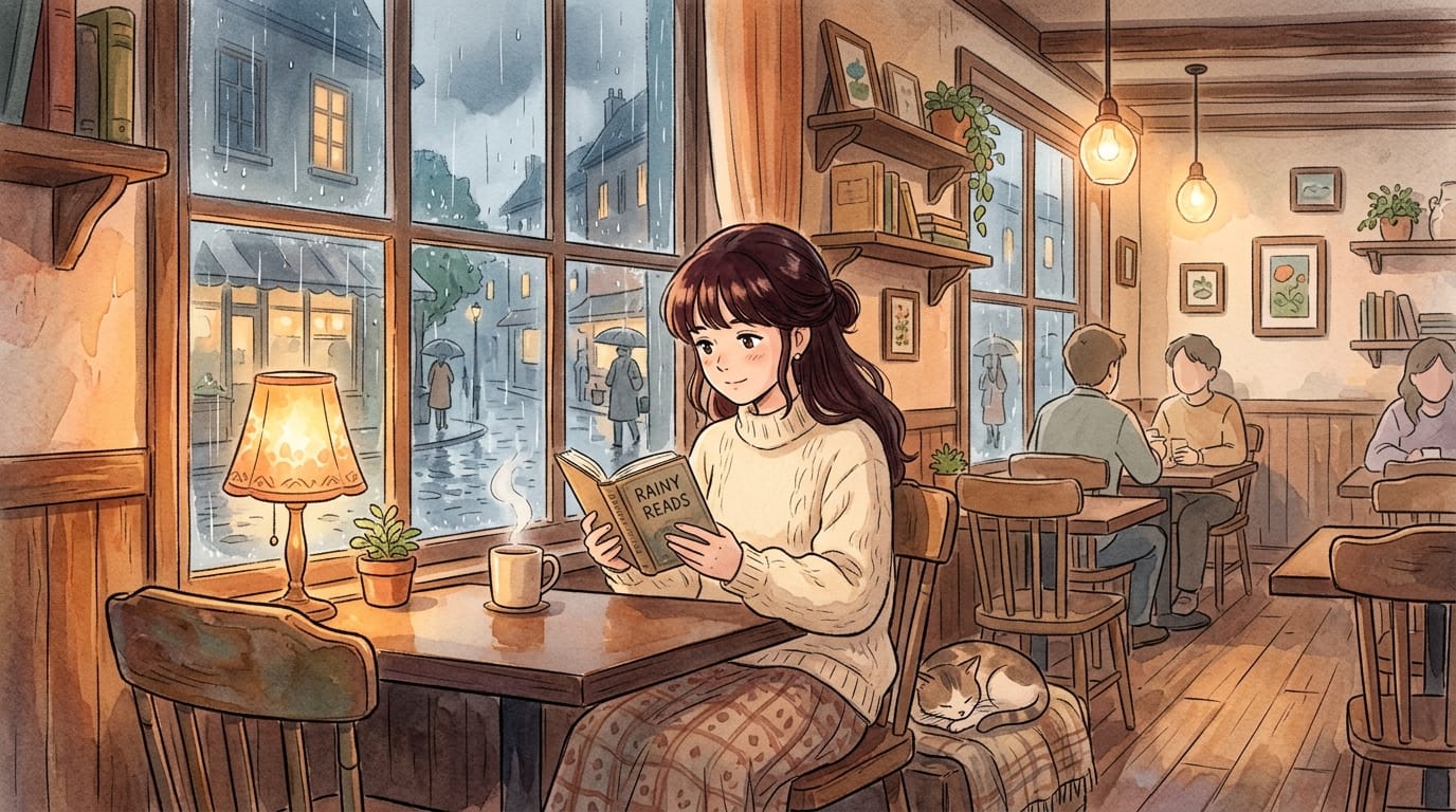 2D hand-drawn animation style, a cozy cafe interior on a rainy day, watercolor textures, soft pastel colors, visible brush strokes. A young woman reading a book by the window, warm glowing lamp light, gentle rain falling outside, flat shading, nostalgic anime aesthetic.