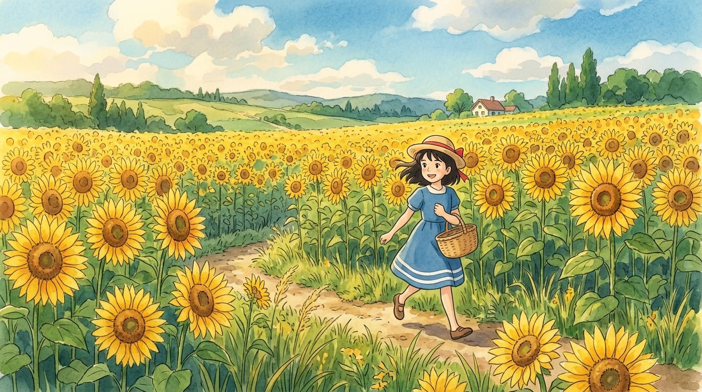A short video clip of a young girl walking through a sunny sunflower field, 2D hand-drawn animation style, Studio Ghibli inspired coloring, watercolor textures, visible pencil outlines, warm nostalgic sunlight, gentle breeze moving the flowers, cinematic composition but flat shading, 4k, masterpiece.