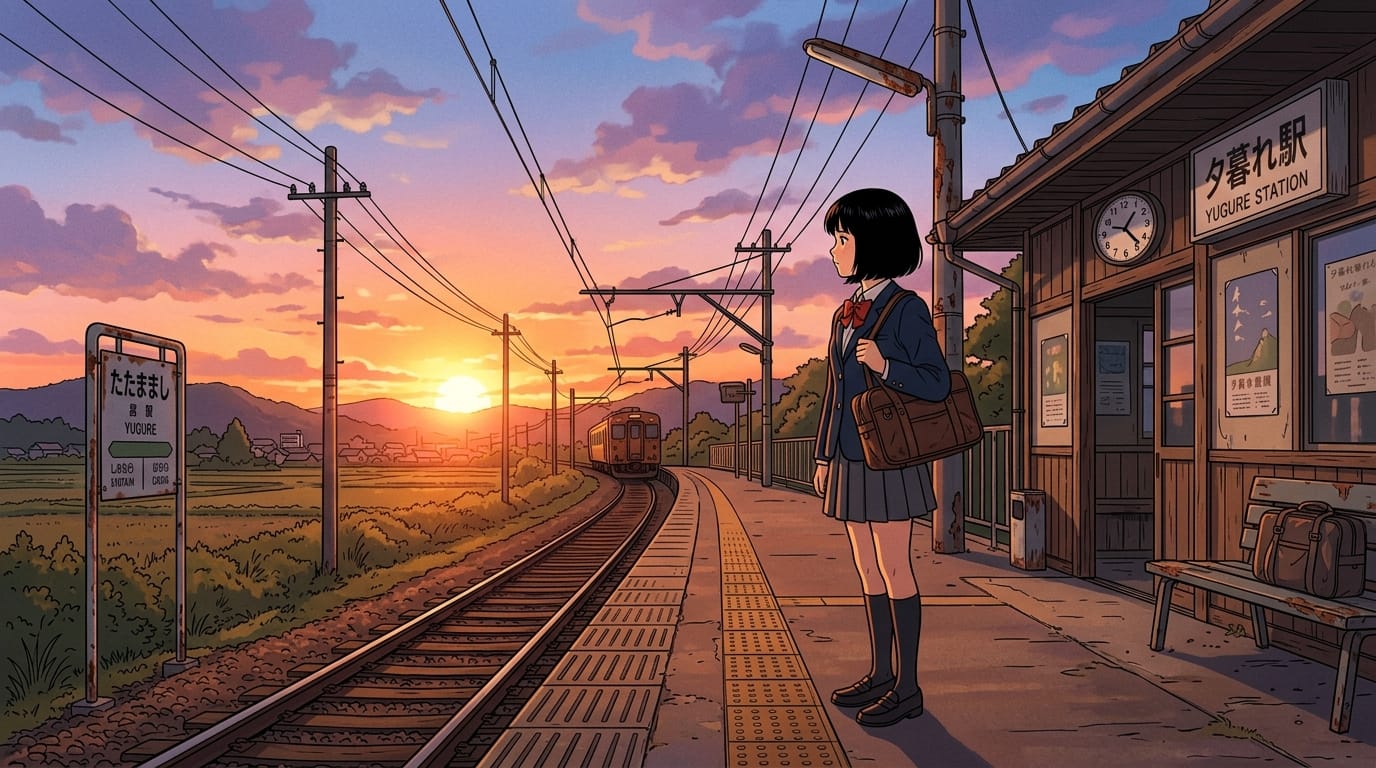 A high-quality 2D anime style cel-shaded animation still, a young girl with short black hair standing on a train platform at sunset, nostalgic atmosphere, flat colors, clear line art, dramatic lighting, anime cinematic, retro aesthetic.