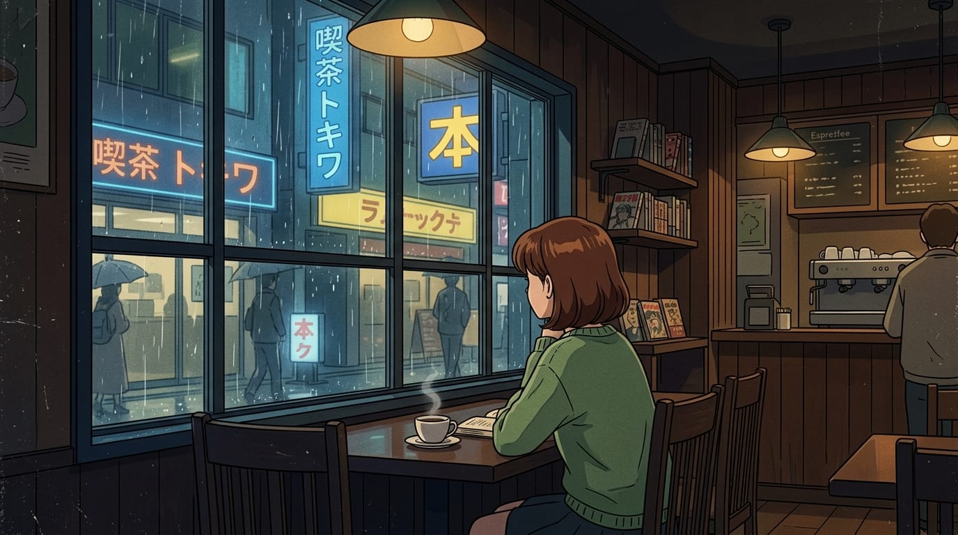2D animation, cel-shaded, retro anime style, a quiet coffee shop in Tokyo on a rainy day, rain drops on the window, flat colors, distinct line art, lo-fi aesthetic, slow panning camera.