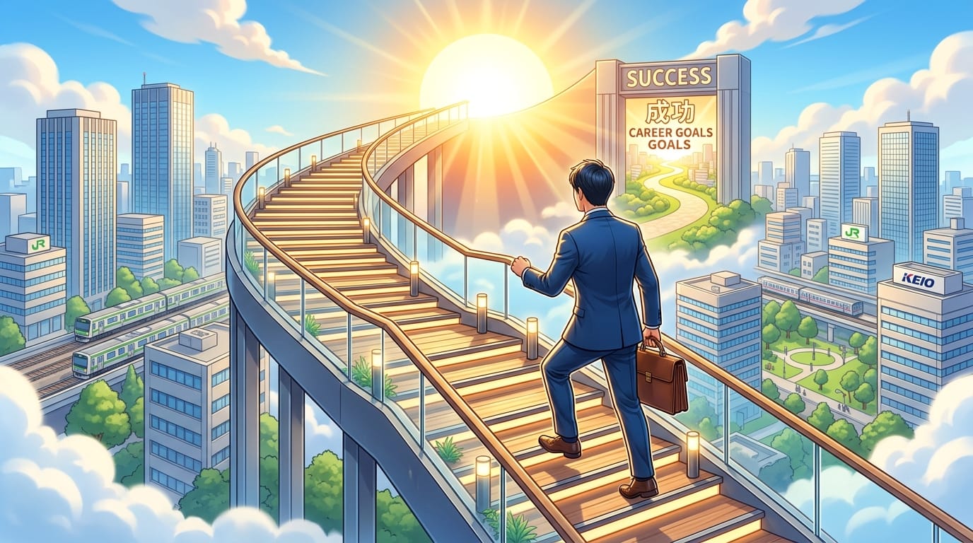 階段を一段ずつ上っていくビジネスマンの後ろ姿、階段の先には輝く太陽、キャリアアップと目標達成を象徴する構図、アイソメトリックな3Dイラストスタイル、明るくポジティブな雰囲気