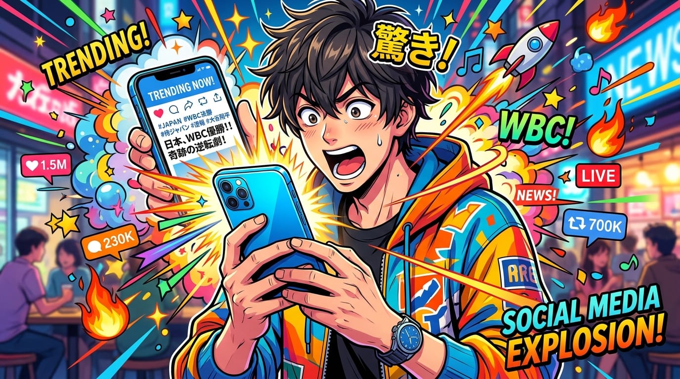 スマートフォンを見ながら驚いた表情をする若者、ポップでカラフルなイラスト風表現、背景には集中線と弾けるようなエフェクト、SNSのトレンドやニュースを表現した明るい雰囲気