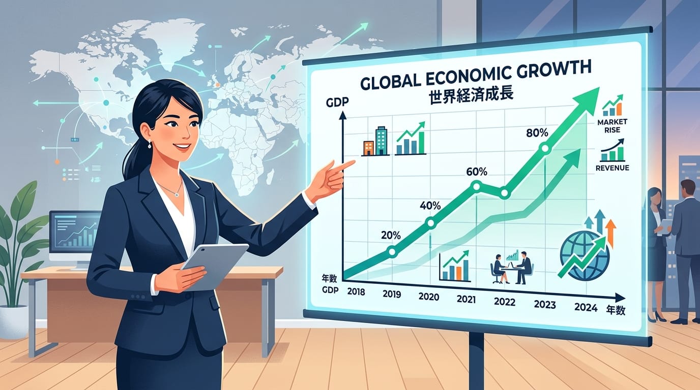 グラフが右肩上がりになっているチャートを指差して説明するスーツ姿の女性、背景に薄く世界地図、グローバルな経済成長を示すコンセプト、フラットでプロフェッショナルな印象のイラスト
