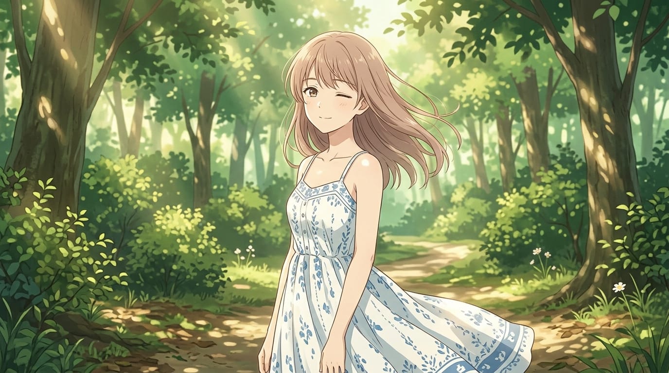 キャラクターの髪と衣服が穏やかな風に揺れている。カメラは固定されたまま、背景の木漏れ日がゆっくりと変化し、キャラクターが軽く瞬きをする。繊細なアニメ調の光の表現。