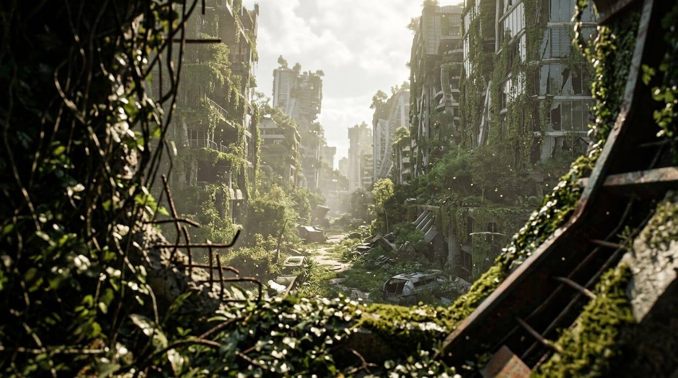 廃墟となった未来都市に植物が覆い茂っている。手前のオブジェクトを使った前ボケ越しに、カメラがゆっくりと前進する。空気中を舞う埃や光の粒子がキラキラと輝き、静寂な雰囲気を強調する。