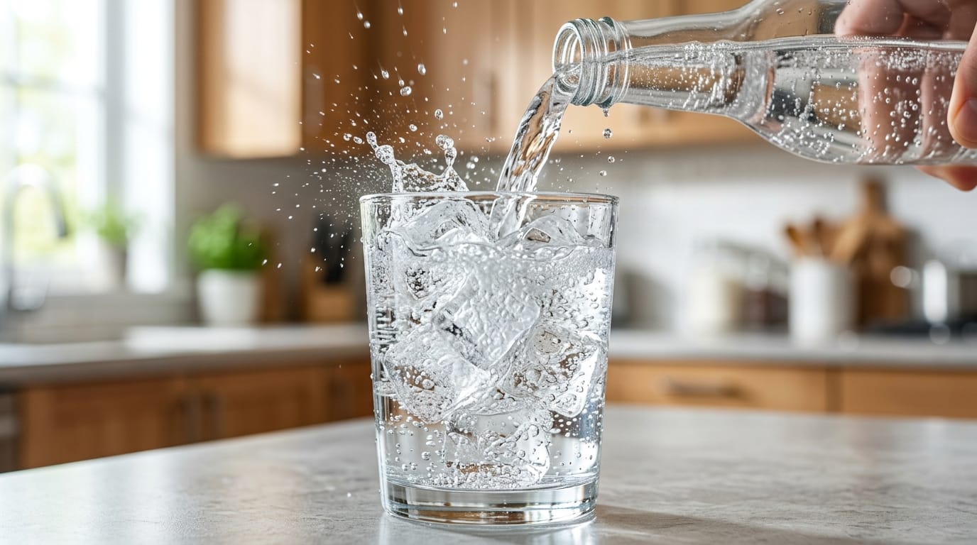 氷の入ったグラスに冷たい炭酸水が注がれる瞬間。弾ける気泡と水しぶきをハイスピードカメラで捉えたようなスローモーション映像。爽やかでクリアな照明、背景は明るいキッチン。