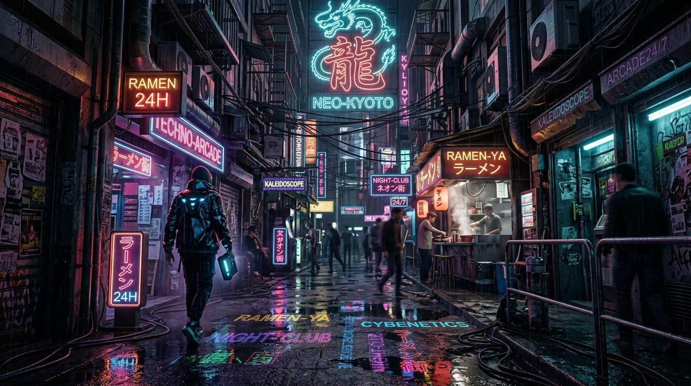 A cinematic vertical 9:16 shot of a vibrant cyberpunk city alleyway at night, neon lights reflecting on wet pavement, dynamic camera angle, hyper-realistic details