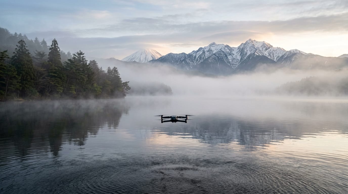 朝靄に包まれた静かな湖畔。ドローンが水面すれすれを滑空しながら前進し、遠くの雪山を映し出す。シネマティックなライティングと実写的なリアルさ、高解像度の風景。
