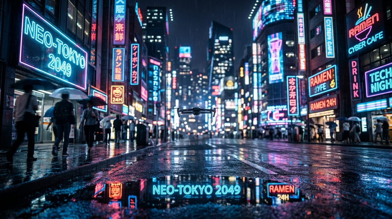 近未来的な都市の夜景、ネオンサインが水たまりに反射している、シネマティックなライティング、ゆっくりとしたドローンの前進ショット、被写界深度が浅く背景が美しくボケている、高解像度、フォトリアル