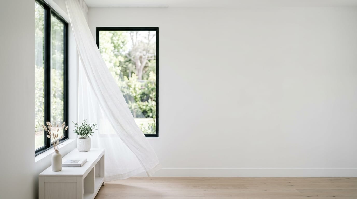 ミニマルで洗練された白い部屋、柔らかな自然光が窓から差し込んでいる、風で揺れる薄いカーテン、画面の右側はテキスト配置用に大きく余白を空けている、固定カメラ、4k、実写的なリアルさ