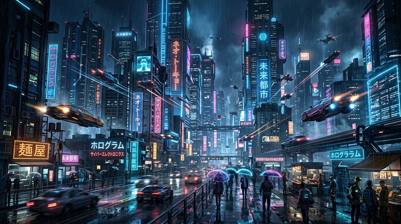 近未来の巨大都市、そびえ立つネオン輝く摩天楼、雨に濡れたアスファルトの反射、空飛ぶ車が行き交う、シネマティックなライティング、8k解像度、極めて詳細な背景の小道具