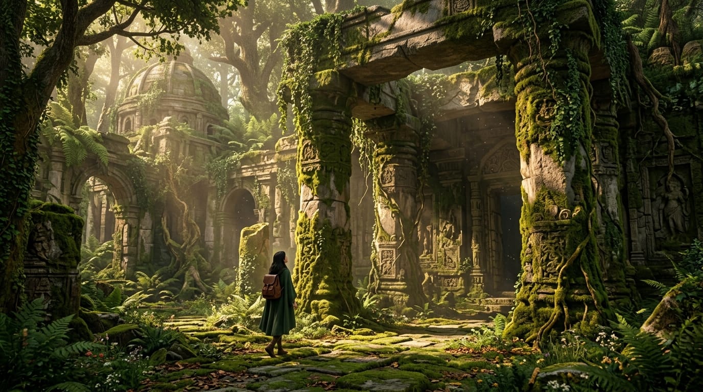 荒廃した古代遺跡、苔むした巨大な石柱、木漏れ日、神秘的な雰囲気、近年の人気作品に見られる繊細な画風