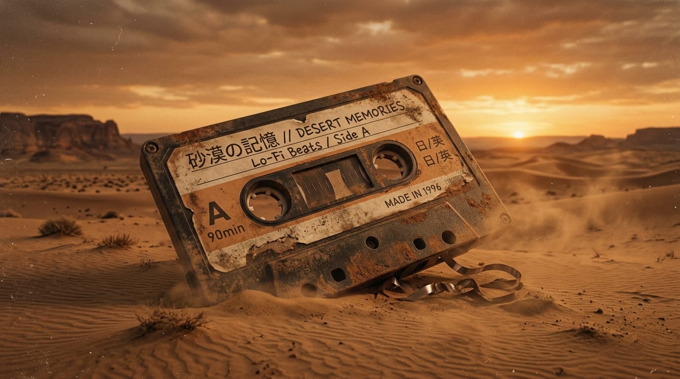 荒廃した砂漠に半分埋もれた巨大なカセットテープ、ローファイヒップホップのカバーアート風、暖かみのあるセピア色の夕暮れ、砂埃が風でゆっくりと舞う様子、現実とファンタジー表現の境界にある風景、フィルムカメラ風の質感、ゆっくりとしたドリーイン