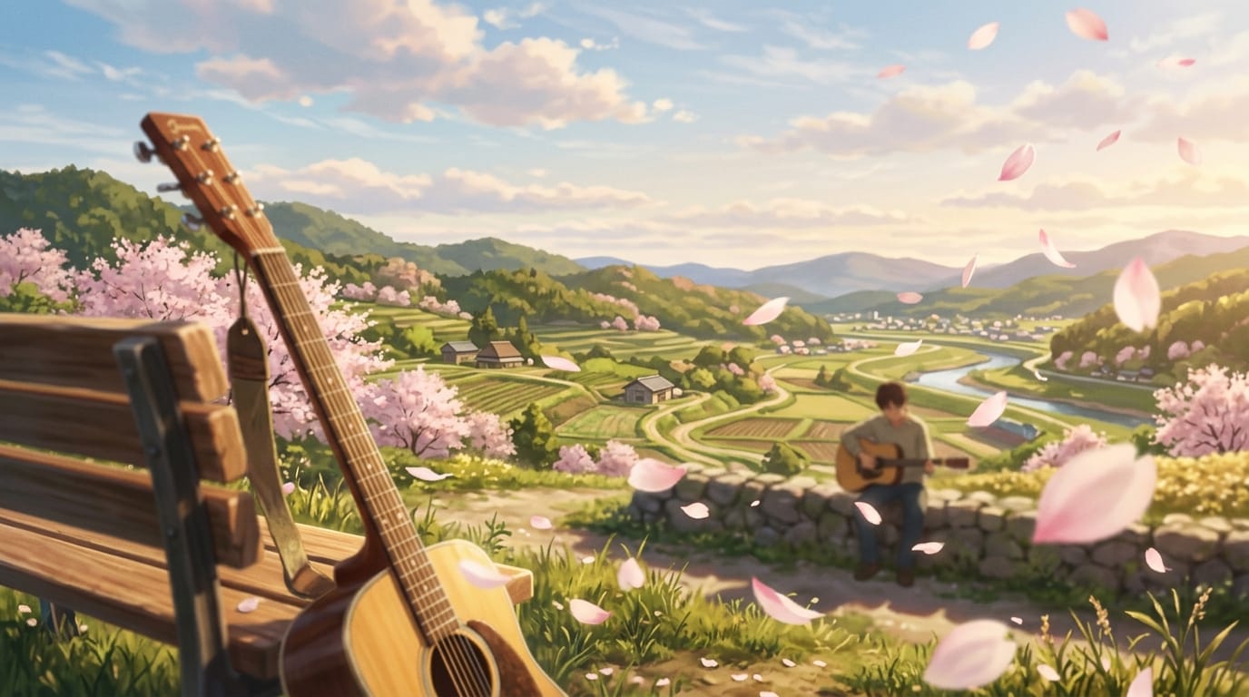 画面手前の花びらが風に乗って舞い散る、背景の雲がゆっくりと流れる、アコースティックギターの音色に合う温かい日差し、手前のオブジェクトを使った前ボケの強調、元のコンセプトアートのトーンとビジュアルルールを維持、ゆっくりとしたパンニング