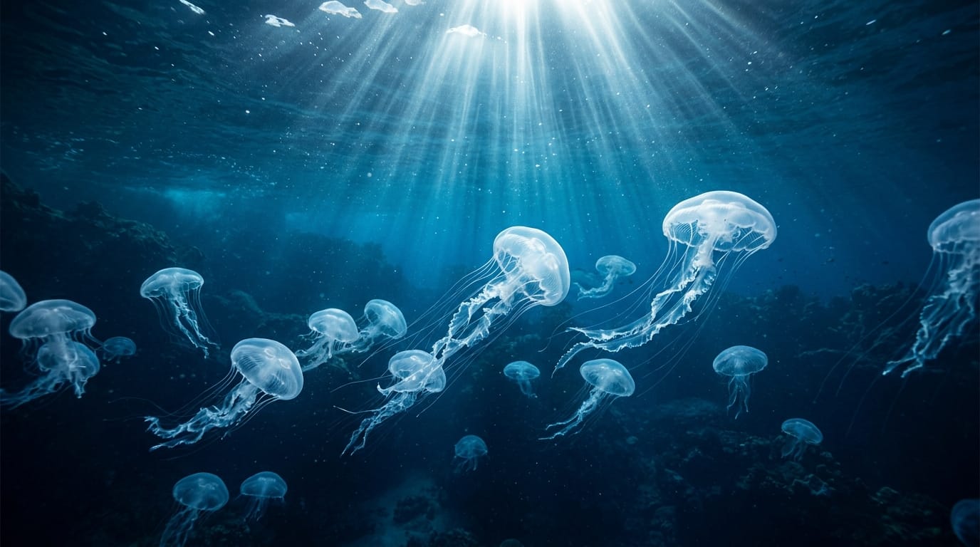 幻想的な水中の世界、光のカーテンが上部から降り注ぐ、クラシック音楽のアルバムジャケットに適した優雅な雰囲気、ゆっくりと泳ぐ透明なクラゲの群れ、ディテールのシャープさと情報量、シネマティックな青のトーン、スローモーション、固定カメラ