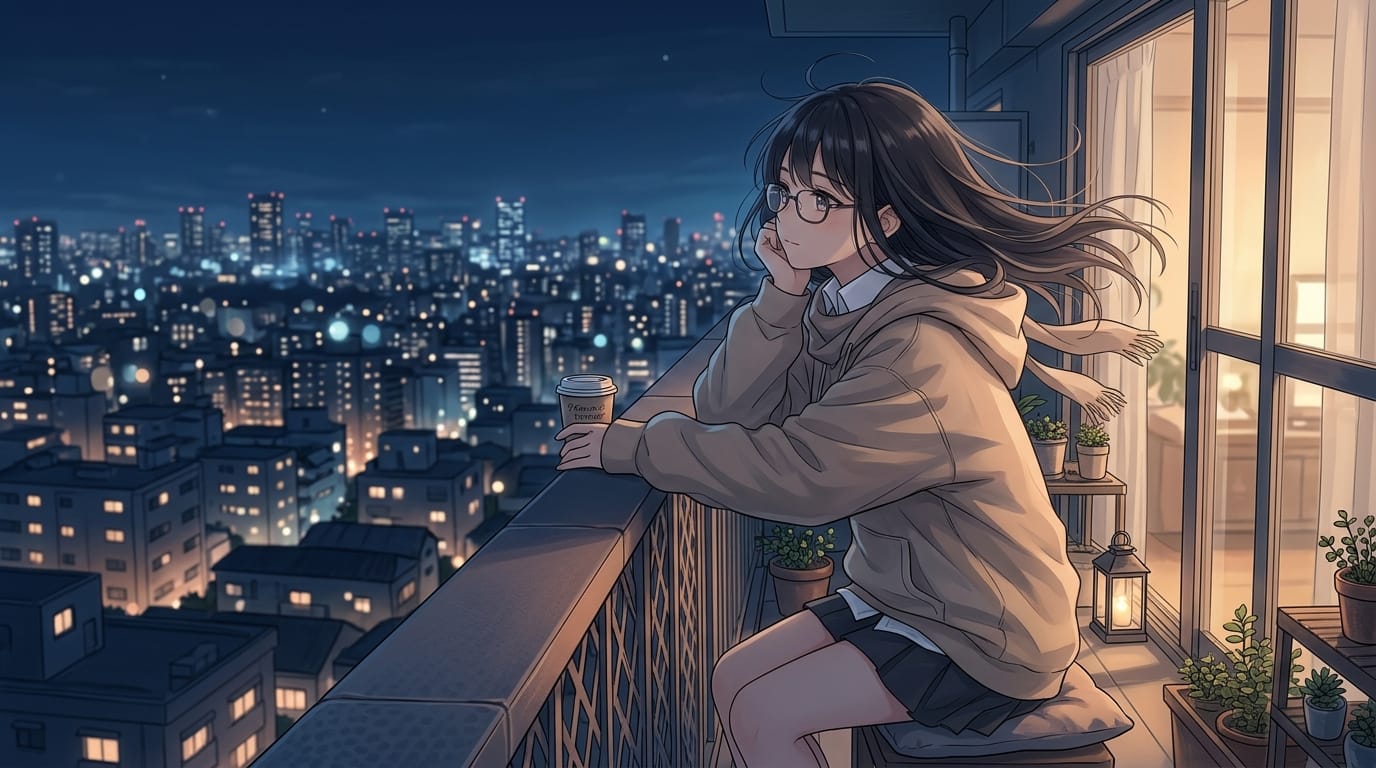 画像内のキャラクターの髪と衣服が夜風で静かに揺れる、背景の街の明かりがゆっくりと点滅する、チルアウト音楽に合わせたリラックスした雰囲気、元のイラストの繊細なタッチを維持、極めて滑らかな微細な動き、固定カメラ